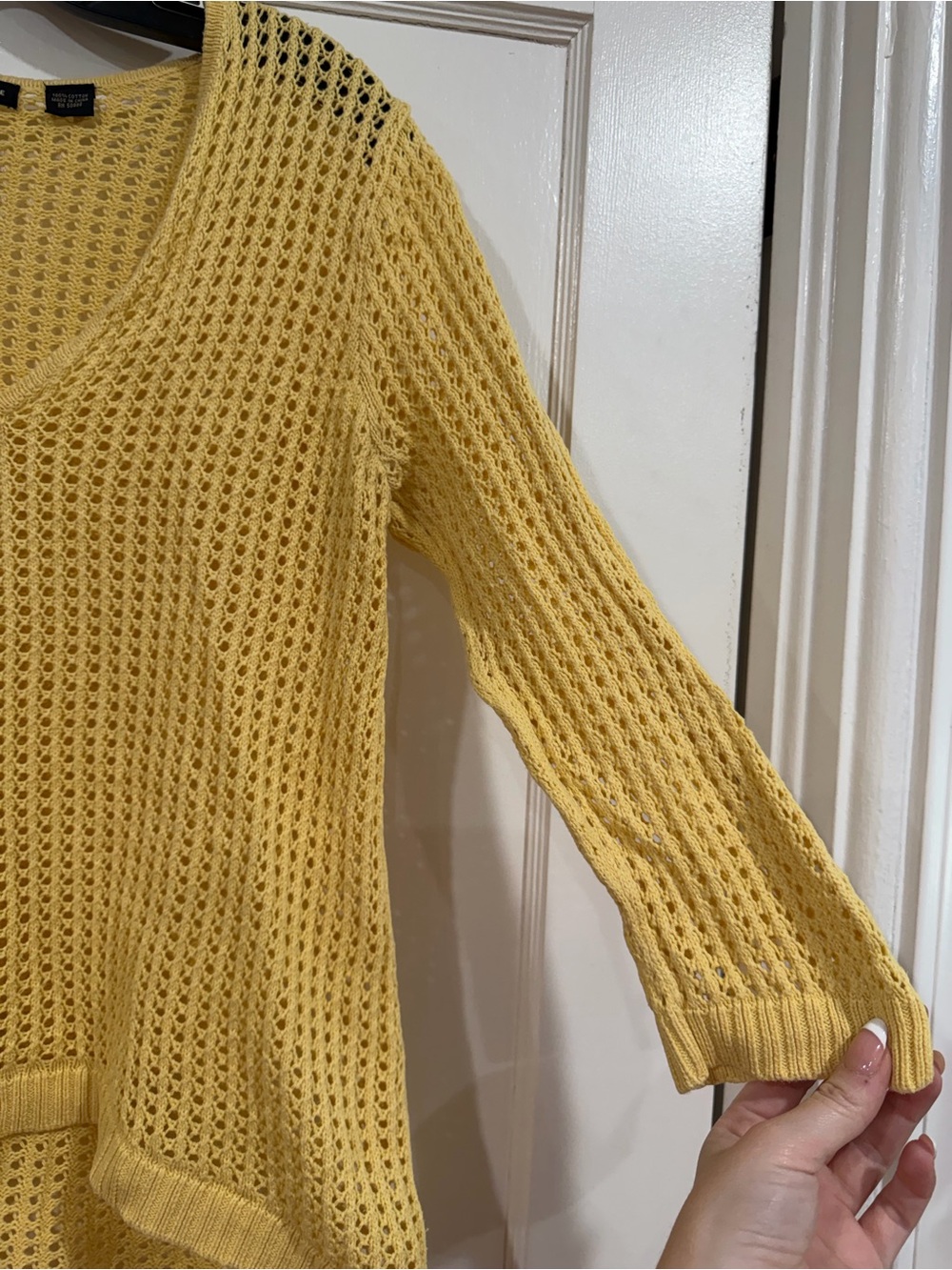 JEANNE PIERRE Yellow Open-Knit V-Neck Sweater - Picture 4 of 8